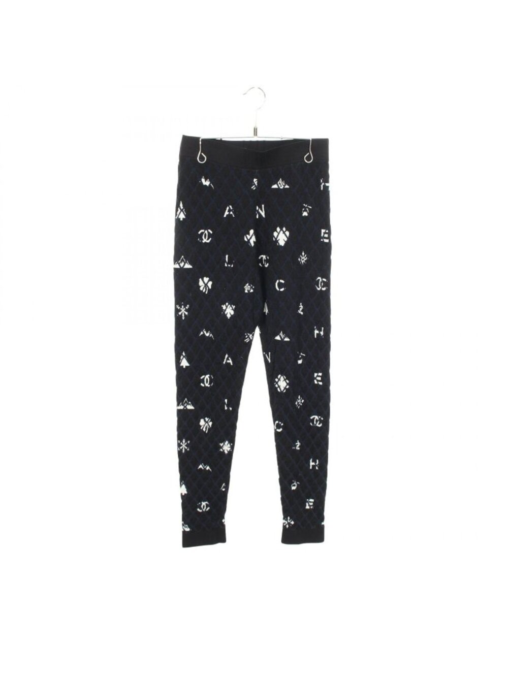Chanel Pants CC Logo Diamond Pattern Knit Leggings Black Navy Cashmere Wool